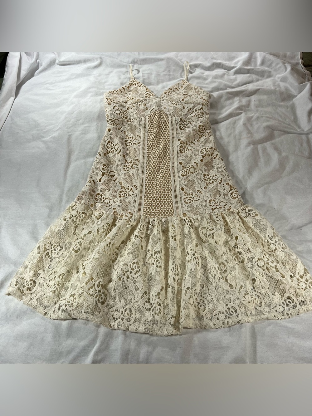 Romeo & Juliet Couture Cream Lace Mini Dress with Crochet Panel